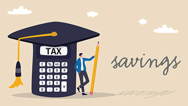 A cartoon of calculator with a graduation cap on it while a person leans agains it holding a giant pencil.