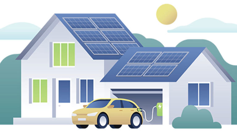 A car plugged into a charging port in a garage.