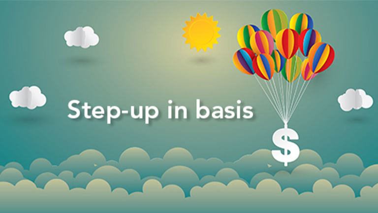 A dollar sign attached to balloons with strings floating in the sky.