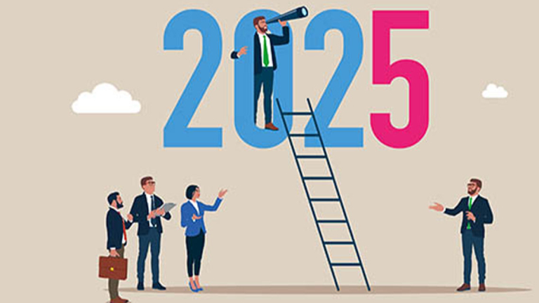 People standing below a ladder leading up to the '0' in 2025.