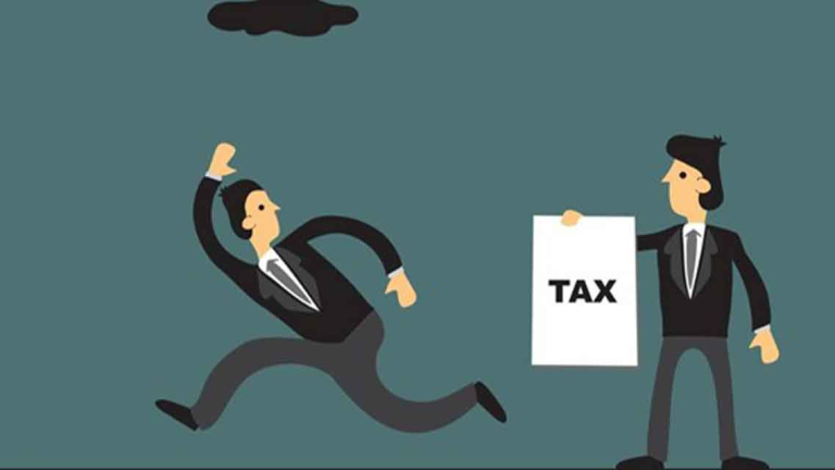 A cartoon of a man holding a sign saying tax with another person running away.