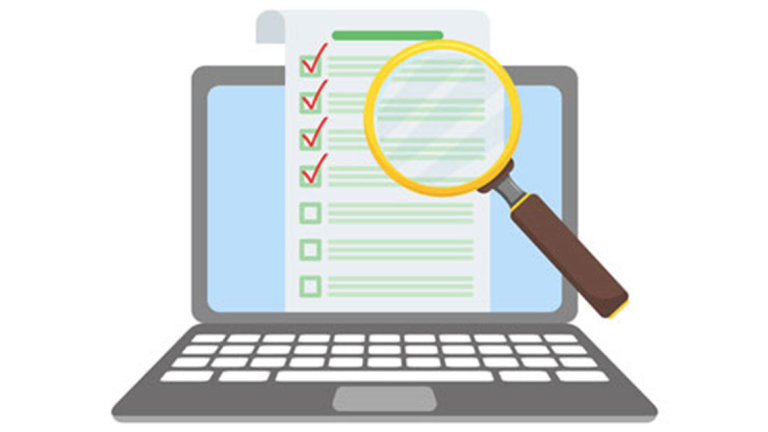 Vector image of a laptop with a checklist and magnifying glass.