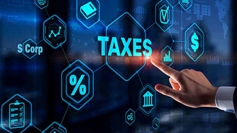 A touch display with the word taxes in the middle of a web of related tax symbols.