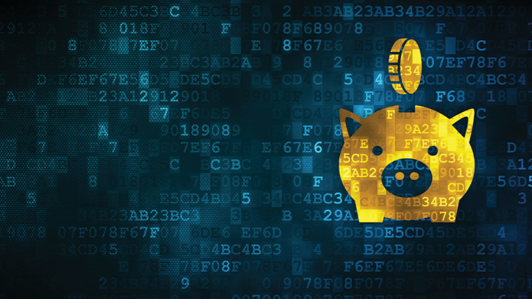 A golden coin above a golden piggy bank.