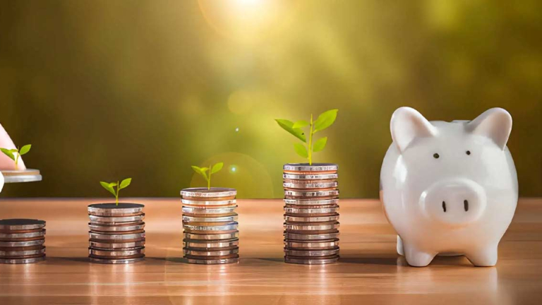 stacks of coins sprouting plants increasing in size next to a piggy bank