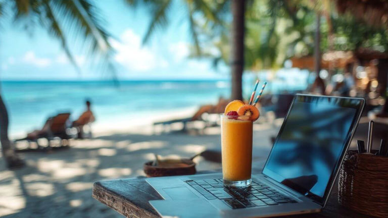 Image of tropical drink resting on a computer with a beach in the background