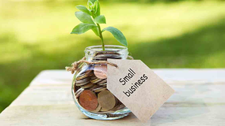 glass jar filled with money sprouting a plant on an outside wooden table tagged with 'small business'