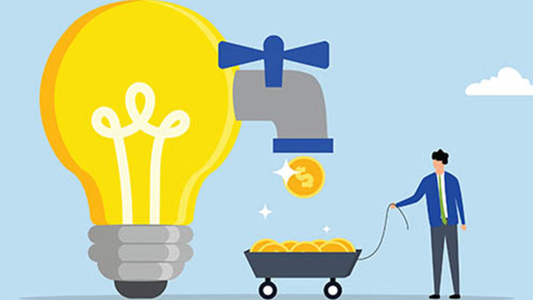 A giant lightbulb with a spigot dropping coins into a wagon. A man is holding a rope tied to the wagon.