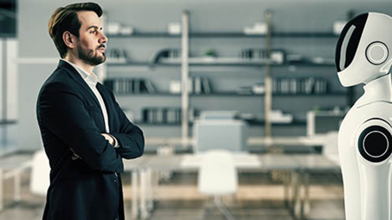 Man in a business suit and Robot