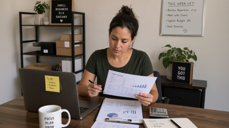 A woman at a desk looking at papers. There's an open laptop, coffee mug, calculator, and open notebook with a pen on the desk.