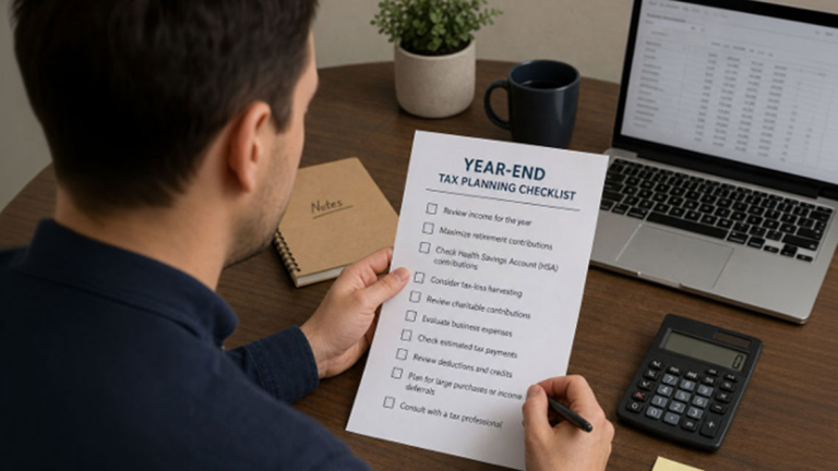 a man at a desk holding a paper checklist in one hand and pen in the other. There's a laptop, sticky notes, calculator, mug, notebook and plan on the desk he's at.