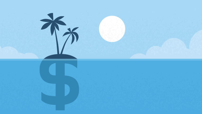 A dollar sign mostly underwater in the ocean with palm trees on top.