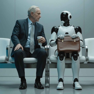 Artificial intelligence robot job interview against a human candidate, career, job search, ai