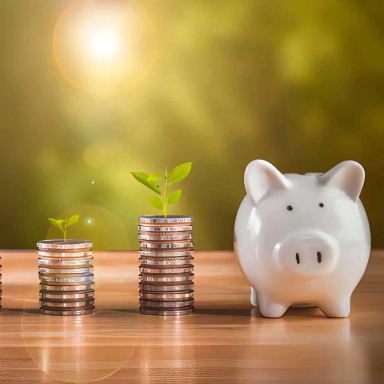 stacks of coins sprouting plants increasing in size next to a piggy bank