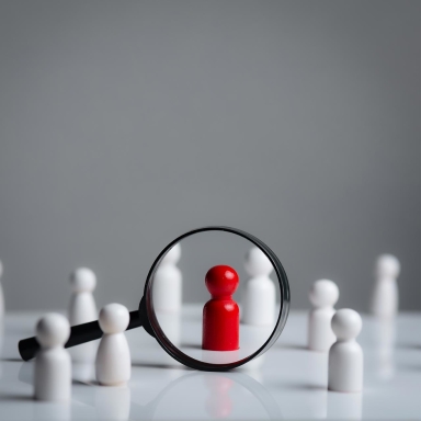 a magnifying glass looking to red wood people,Select a person in the team, Human Resource.