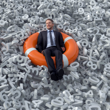 business man in suit sitting on a life preserver in pool of numbers