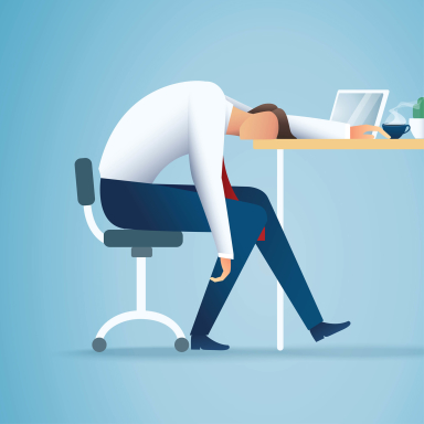 animated business worker in office chair with head down on desk