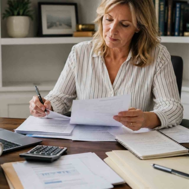 woman at desk reviewing documents