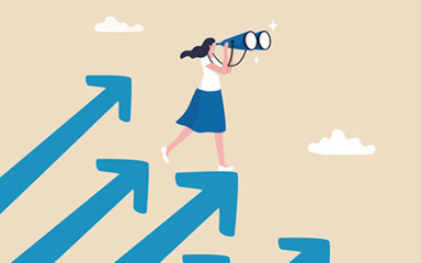illustration of woman with binoculars stepping on arrows