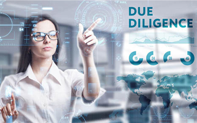 A business professional touching a virtual screen.