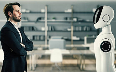 Man in a business suit and a robot.