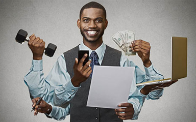 A man with six arms holding a different item in each arm.