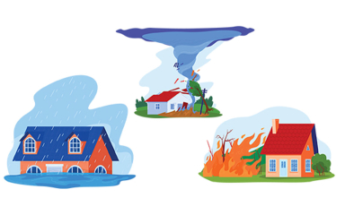 A house being flooded, a tornado striking a home, a fire next to a home.