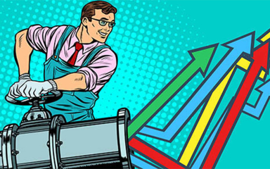 Cartoon of a businessman turning a valve on a pipe with colored arrows flowing out of it.