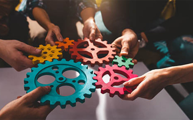 Hands holding gears.