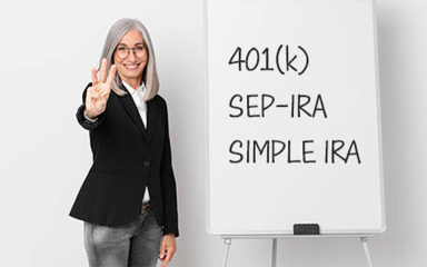 A business woman holding up 3 fingers.