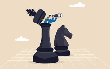 An image of a cartoon man peering out of the top of a large chess piece with binoculars.