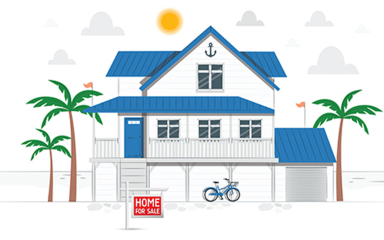 Drawing of a house on a beach for sale.