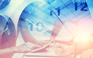 A clock, and people using a calculator and pen on paper.