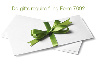 "Do gifts require filing Form 709?" written over a letter with a bow tied on it.
