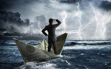 Man in a suit standing on a boat made of money in the sea looking at a lightning storm.