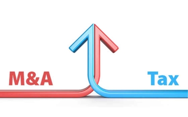 A red arrow with M&A above it and a blue arrow with Tax above it, intertwined.