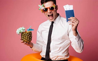 A man with a pineapple cup in a suit, holding an envelope with paper sticking out the top.