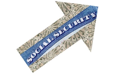 An arrow made of dollars containing the words "Social Security", written on a strip of blue down the middle of the arrow.