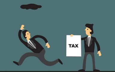 A cartoon of a man holding a sign saying tax with another person running away.