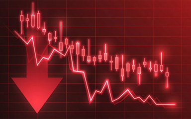 Graphic showing an arrow pointing down and downward moving graphs.