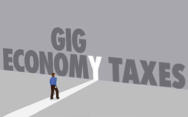 The words "Gig Economy Taxes", with a person walking into a doorway made out of the "y".