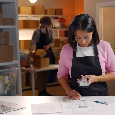 A woman scanning a receipt with a cell phone in an packaging area.