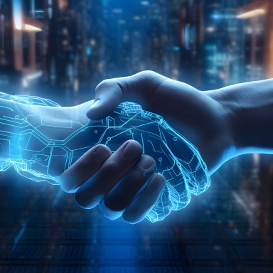 A human hand shaking an AI hand.