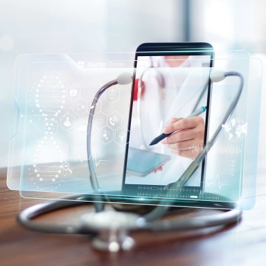 A cell phone with a stethoscope on it.