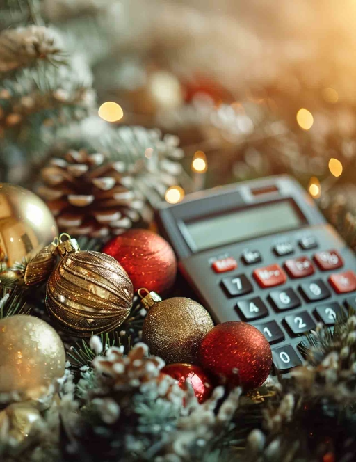 Financial Planning for the New Year: Close-up of Calculator and Budget Planner with Festive Ornaments