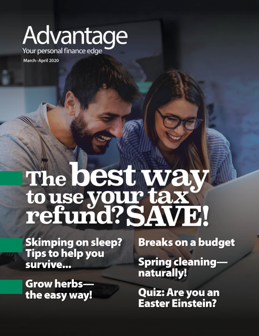 cover of Mar-April 2020 issue of Advantage magazine with two people smiling looking at laptop