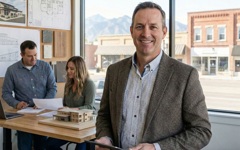 A business man in an office, holding a tablet while people work behind him.