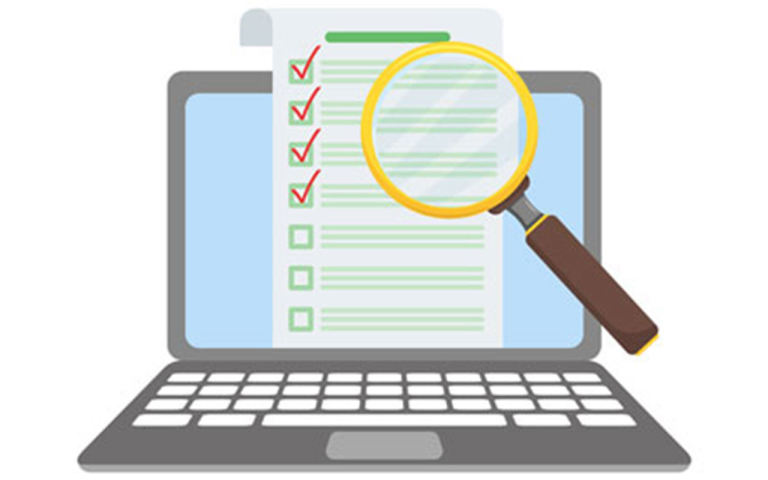 Vector image of a laptop with a checklist and magnifying glass.