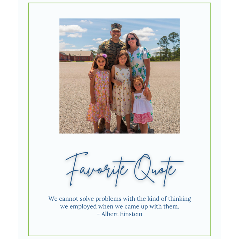 A family posing for a photo with a quote under the photo.