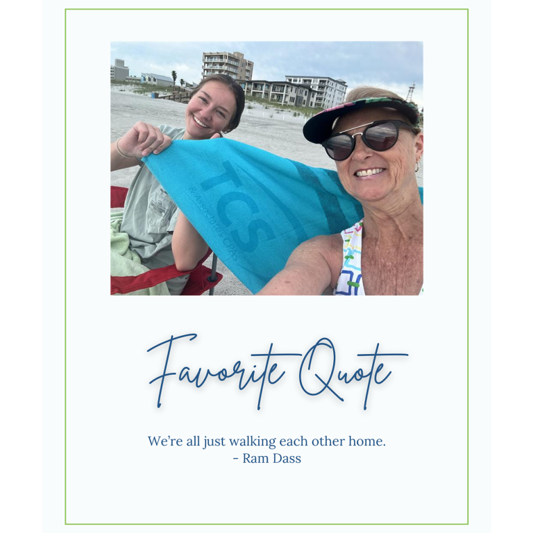 Two people on a beach with a quote under the photo.